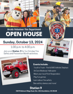 Flyer for Arcola Volunteer Fire Department’s Open House on October 13, 2024, 1–4 p.m., featuring photos of fire trucks, a mascot, helicopter, and activities for families. Event details and address are included.