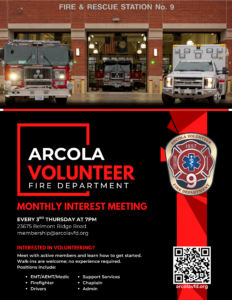 Three emergency vehicles are parked in front of Arcola Fire & Rescue Station No. 9. A badge with “Arcola Volunteer Fire Department” is shown. Text promotes volunteer opportunities and a monthly interest meeting.