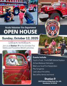 Flyer for Arcola Volunteer Fire Dept. Open House on Oct 12, 2025, showing fire trucks, a mascot in a fire truck, kids with a firefighter, and event details with a list of activities and location info.
