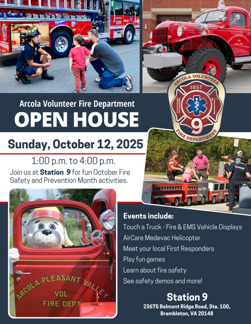 Flyer for Arcola Volunteer Fire Dept. Open House on Oct 12, 2025, showing fire trucks, a mascot in a fire truck, kids with a firefighter, and event details with a list of activities and location info.