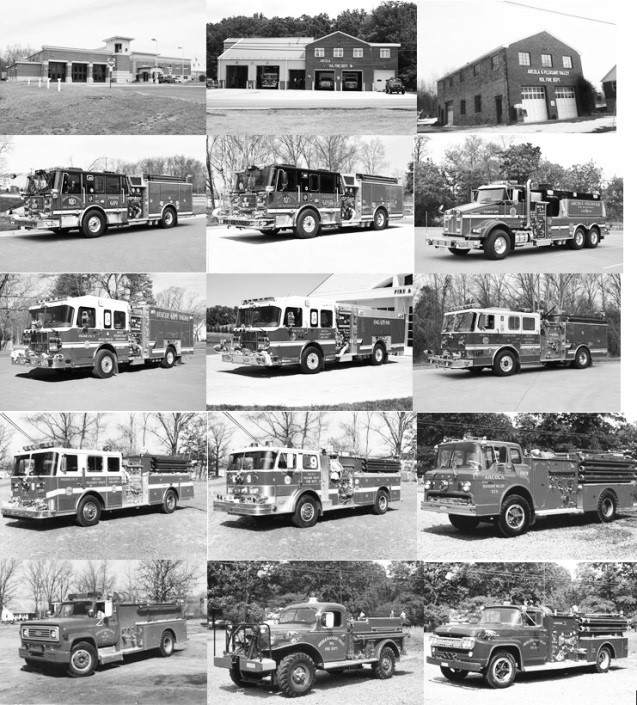 A collage of 15 black-and-white photos shows various fire trucks and fire stations, some older and some newer, arranged in a 3x5 grid pattern.