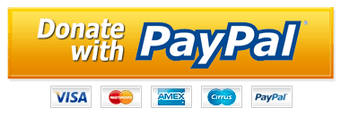 Yellow “Donate with PayPal” button with logos for Visa, MasterCard, American Express, Cirrus, and PayPal below, indicating accepted payment methods.