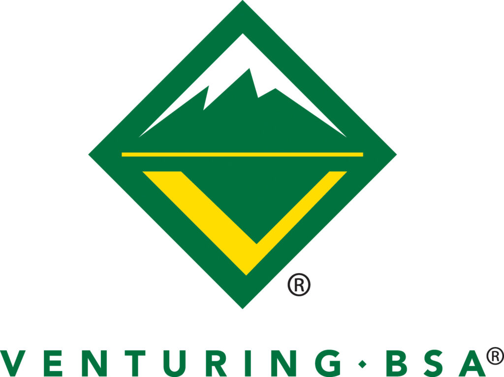Green diamond logo with a white mountain peak and a yellow “V” inside. Below, the words “VENTURING BSA” are written in green capital letters.