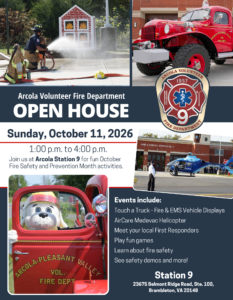 A flyer for the Arcola Volunteer Fire Department Open House on October 11, 2026, with event details, activities, images of fire trucks, firefighters, and a fire dog mascot.