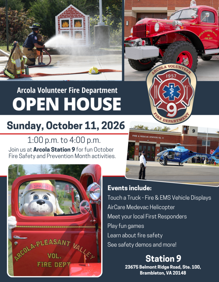 A flyer for the Arcola Volunteer Fire Department Open House on October 11, 2026, with event details, activities, images of fire trucks, firefighters, and a fire dog mascot.