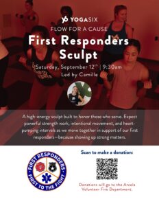 A group fitness class with people lifting dumbbells. Text promotes a “First Responders Sculpt” event by YogaSix, supporting first responders, with donation info and a QR code included.