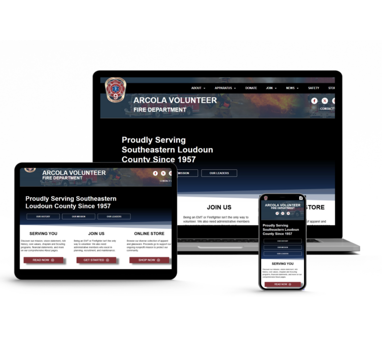 Website for Arcola Volunteer Fire Department displayed on a laptop, tablet, and smartphone, featuring the department’s name, logo, and menu. The tagline “Proudly Serving Southeastern Loudoun County Since 1957” is visible.